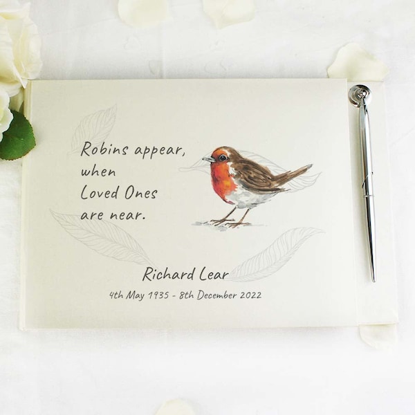 Personalised Memorial Guest Book with Robin Illustration - Cherish Memories of Your Loved One with a Custom Guestbook - Heartfelt Tribute