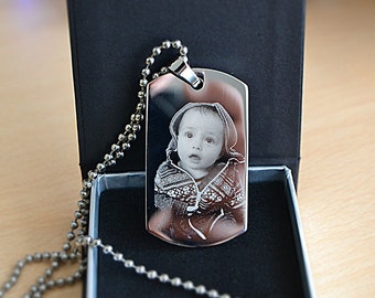 Dog tag Necklace, Father's Day gift, Men's Necklace, Dad Gift, Personalized Stainless Steel Photo Engraved Tag, Tarnish Proof