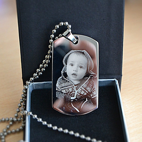 Dog tag Necklace, Father's Day gift, Men's Necklace, Dad Gift, Personalized Stainless Steel Photo Engraved Tag, Tarnish Proof