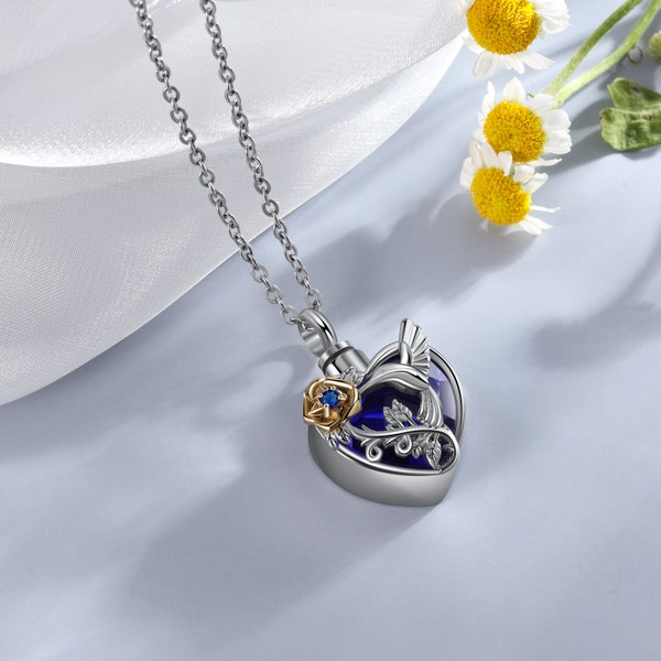 Heart Cremation Pendant, Personalised Birthstone Ashes Necklace with Hummingbird Design, Memorial Necklace