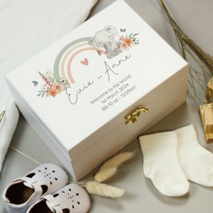 Personalised Baby Memory Box, Elephant Design Keepsake, Newborn Treasure Chest, Hand-Painted Wood Gift, Baby Shower Present, Natural Finish