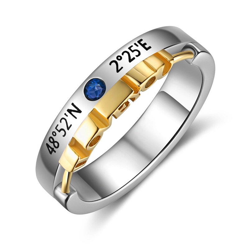 Personalised Couples Rings with Birthstones, Valentine's day Gift, Engrave with Special date, Coordinates or Names image 2