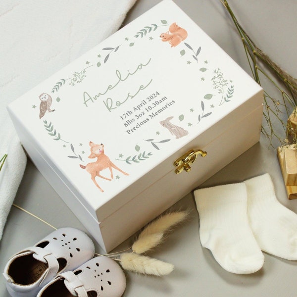 Personalised Woodland Animal Wooden Keepsake Box Sturdy Metal Clasp and Hinges, Hand Painted Natural Wood, Ideal for Souvenirs and Mementoes