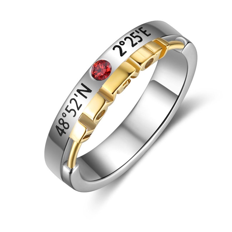 Personalised Couples Rings with Birthstones, Valentine's day Gift, Engrave with Special date, Coordinates or Names image 3