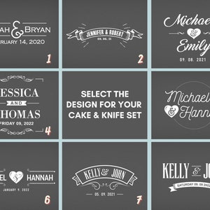 May include: A collage of nine different wedding cake knife designs. Each design features a different font style and graphic element, such as a heart, banner, or scrollwork. The text on each design includes the names of the couple and their wedding date.
