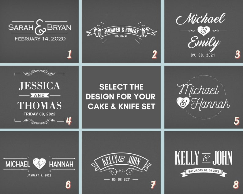May include: A collage of nine different wedding cake knife designs. Each design features a different font style and graphic element, such as a heart, banner, or scrollwork. The text on each design includes the names of the couple and their wedding date.