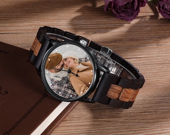 Custom Photo Watch, Personalised Watch for Men, Gift for Dad, Father's day, Photo Watch with Red Sandal Wood Strap