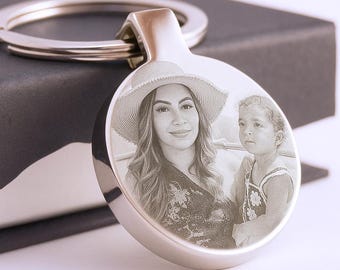 Round Photo Keyring, Custom Engraved Text, Stainless Steel Gift, Anniversary Keepsake, Laser Engraved, Compact