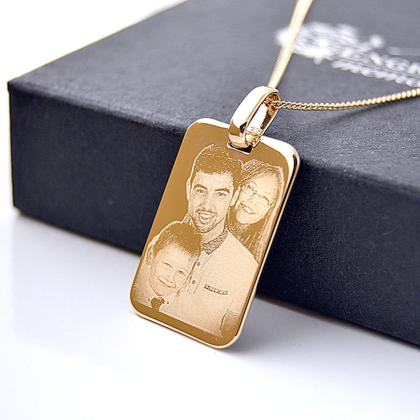 Gold Dog Tag Pendant Necklace, 18 kt Gold Plated Men's Pendant, Photo & Text Engraved Father's Day gift