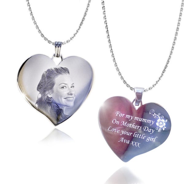 Heart Pendant Necklace - for Ladies Mother's day Daughter,  Christmas Valentine's Day Stainless Steel Engraved Photo & Text