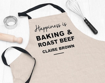 Happiness Is Personalised Luxury Linen Apron with Custom Name - Great Cooking Gift for Any Occasion - Black and Natural Colors