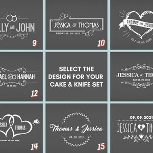May include: A selection of 10 wedding cake knife designs with different fonts, styles, and dates. The designs feature hearts, rings, and floral elements. The text includes names like Kelly, John, Jessica, Thomas, Michael, and Hannah.