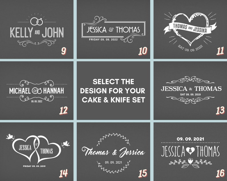 May include: A selection of 10 wedding cake knife designs with different fonts, styles, and dates. The designs feature hearts, rings, and floral elements. The text includes names like Kelly, John, Jessica, Thomas, Michael, and Hannah.