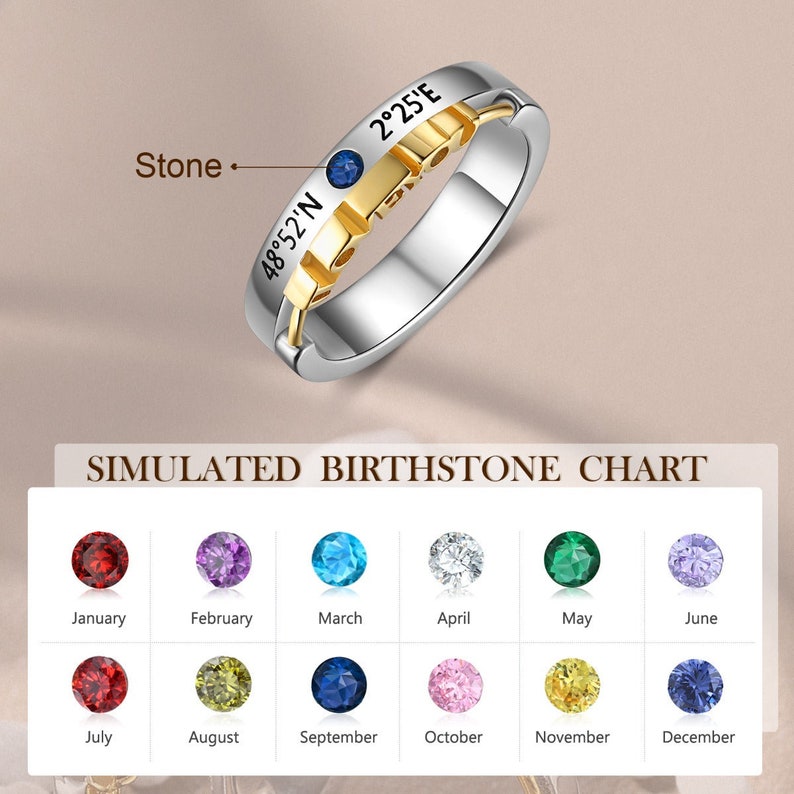 Personalised Couples Rings with Birthstones, Valentine's day Gift, Engrave with Special date, Coordinates or Names image 6
