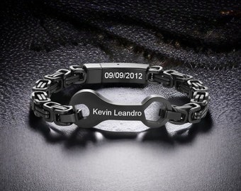 Personalised Wrench Design Black Stainless Steel Men's Bracelet with Names and Date, Father's Day Gift, Custom Dad Bracelet