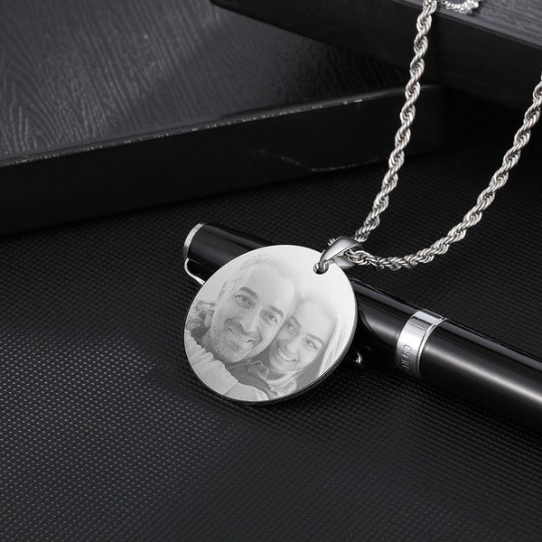 Photo Pendant Necklace, Round Personalised Stainless Steel Pendant Chain, Unisex Jewellery with Photo and Text, Engraved Memorial Gift