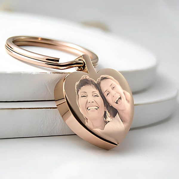 Personalised Rose Gold Heart Keyring: Photo Engraved Stainless Steel Gift