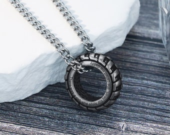 Personalised Tire Necklace, Engraved Wheel Tire Pendant, Car Lover's Necklace, Men's Necklace