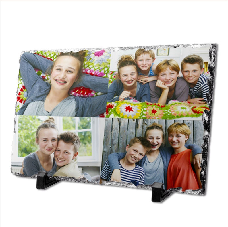 May include: A photo collage on a slate stone with a rough edge. The collage features four photos of a group of siblings. The photos are arranged in a grid pattern. The slate stone has a black stand.