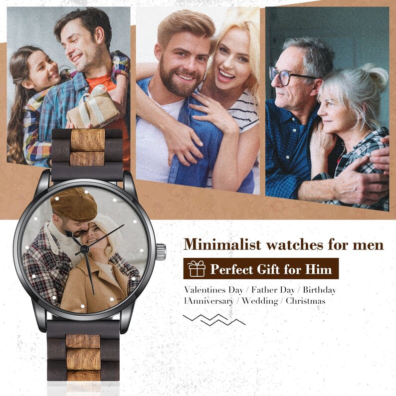 Reloj de madera de sándalo rojo con foto, regalo personalizado para papá, reloj de pulsera con correa de cuero para hombre, reloj duradero de banda ancha. imagen 3
