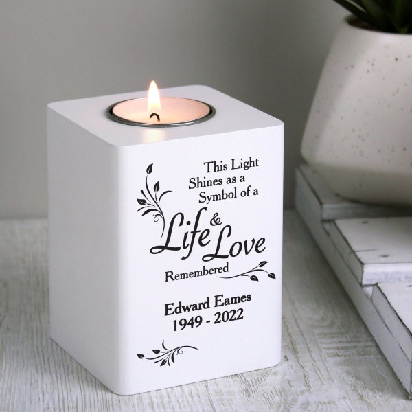 Memorial Tealight Holder | Personalised Life & Love White Memorial Wooden Tea Light Holder | Remembrance Candle