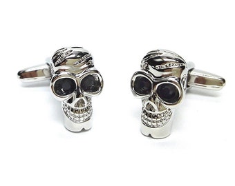 Skull Cufflinks in personalised Chromed case, Halloween Gift, Silver Skull Shaped Cuff links with black crystal eyes