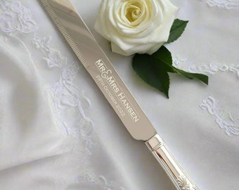 Cuchillo para pastel de bodas grabado, servidor personalizado, regalo de aniversario, pulido espejo, nombres personalizados, fecha, logotipo, estuche de presentación