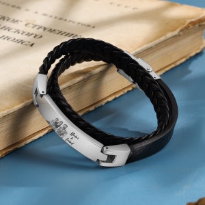 Men&#39;s Jewelry, Leather Bracelet, Stainless Steel Gift, Custom Photo Wristband, Handcrafted Rope Design, Meaningful Keepsake for Him