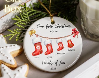 Personalised Family Ornament: Our First Christmas, Stocking Names Ceramic Xmas Tree Decoration