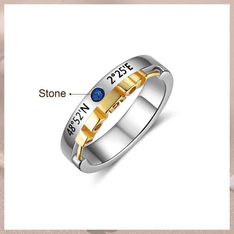 Personalised Couples Rings with Birthstones, Valentine's day Gift, Engrave with Special date, Coordinates or Names image 5