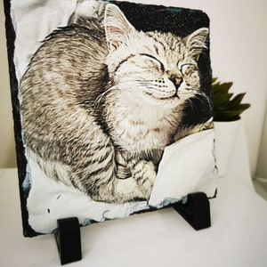May include: A black slate photo holder with a printed image of a grey and white cat sleeping. The holder has a black stand.