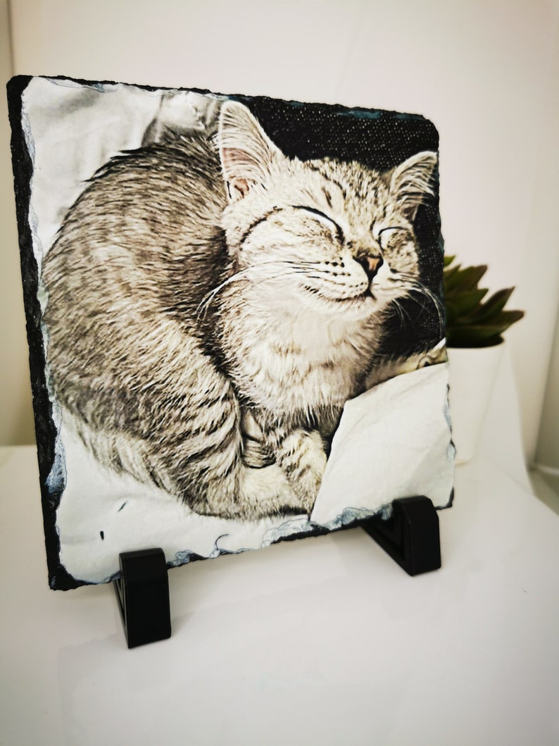 May include: A black slate photo holder with a printed image of a grey and white cat sleeping. The holder has a black stand.