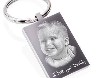 Rectangle Key Chain photo and text engraved, Personalised Keyring solid Stainless Steel, Parents Gift, Father's Day gift, Mother's day Gift