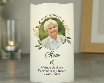 Personalised Botanical Memorial Photo LED Candle, Remembrance Candle, In Loving Memory Gift