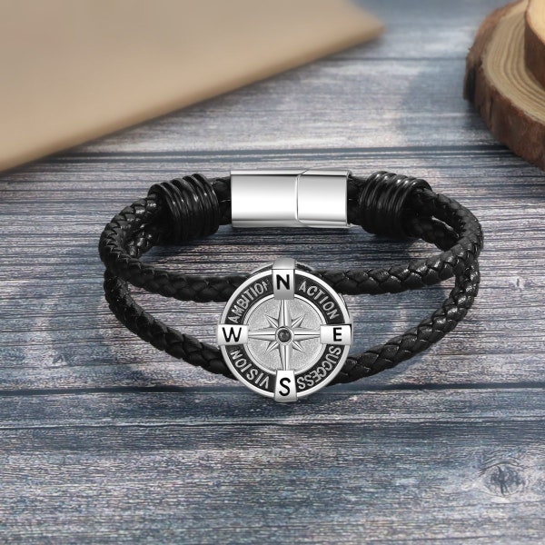 Bracelet en cuir avec boussole et photo, bracelet de navigateur gravé, cadeau personnalisé pour elle, bijoux pour hommes