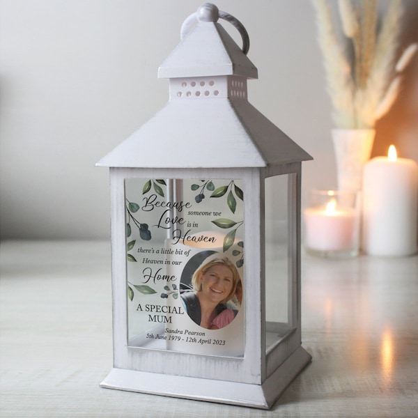 Personalised Photo Memorial | White Botanical Photo Lantern | Remembrance Gift