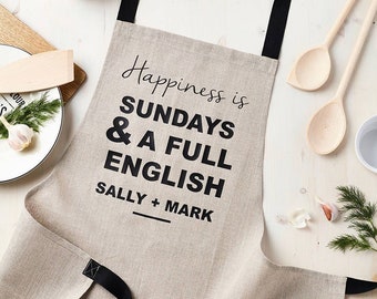 Personalised Sunday Happiness Luxury Linen Apron - Custom Names - Home Chef Gift