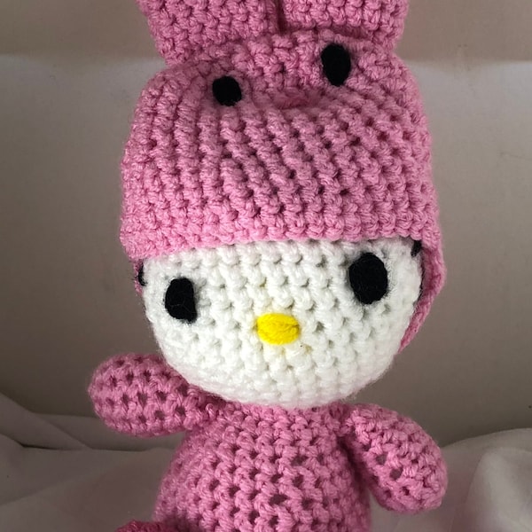 Hello Kitty Stuffed Doll in Pink Pajamas with Rabbit Head Hoodie, 10 Inches High and Machine Washable