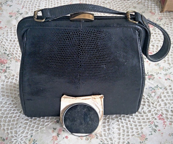 Vintage 1940's Black Snakeskin Handbag IDEAL Top … - image 1