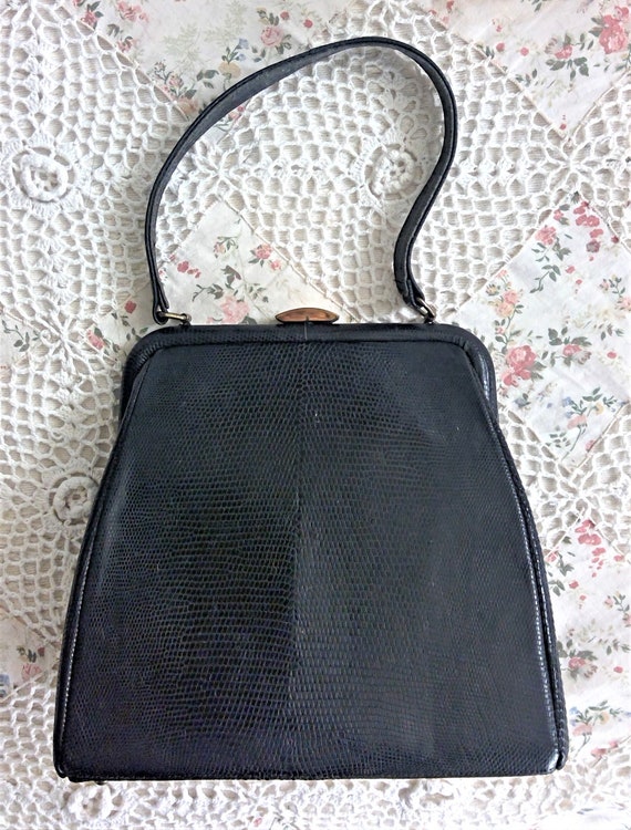 Vintage 1940's Black Snakeskin Handbag IDEAL Top … - image 2