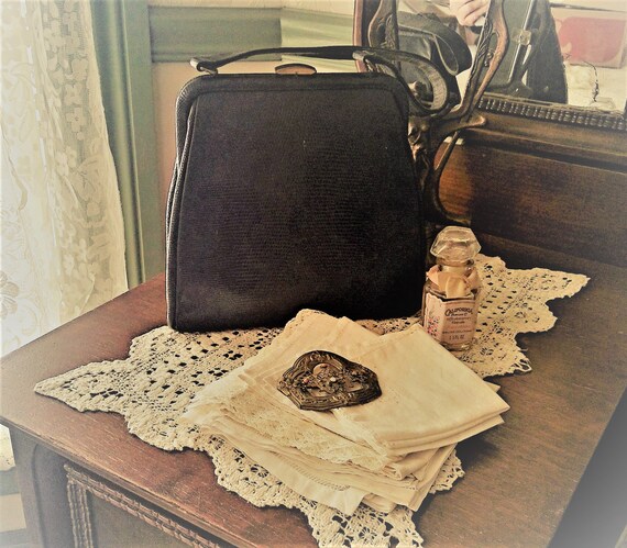 Vintage 1940's Black Snakeskin Handbag IDEAL Top … - image 6