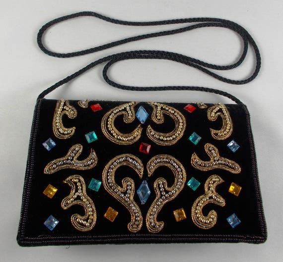 Vintage Carolyn Barton Black Velvet Jeweled Handb… - image 1