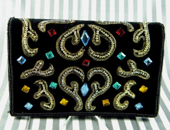 Vintage Carolyn Barton Black Velvet Jeweled Handb… - image 2