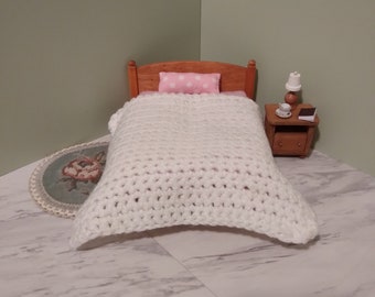 Cherry stained Modern Queen size 1:12 scale bed covered foam mattress and pillow handmade comforter 6 inch doll size bedroom furniture