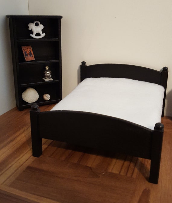Black Queen Size 1 12 Scale Doll Bed Dollhouse Bedroom Furniture One Inch Miniature House With Covered Mattress Wooden