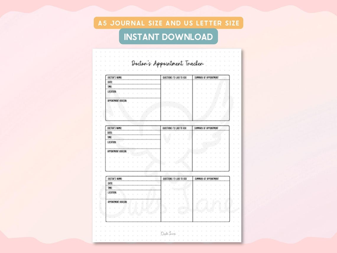Doctor Appointment Tracker Printable Journal Pages, Medical Visit Log ...