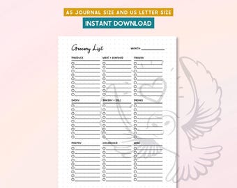 Utskrivbar inköpslista, mall för inköpslista, måltidsplaneringssida, matplanerare, Bullet Journal-insats, A5 Letter-storlek, digital nedladdning