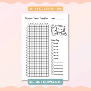May include: A black and white screen time tracker printable. The design includes a grid for tracking daily screen time, a color key, and cute illustrations of a phone, tablet, and game controller. The text reads "Screen Time Tracker" and "Instant Download."