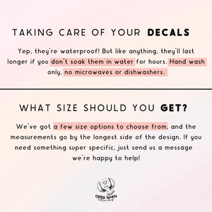 Może przedstawiać: R&oacute;żowy i biały tekst na r&oacute;żowym tle z tekstem "TAKING CARE OF YOUR DECALS" i "WHAT SIZE SHOULD YOU GET?" Tekst wyjaśnia, jak dbać o naklejki i jak mierzyć rozmiar. Tekst zawiera r&oacute;wnież logo "OPEN WHEN" z grafiką ptaka.