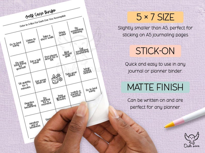 May include: A white Self Care Bingo card with black text, featuring self-care activities. The card is 12.7 x 17.8 cm and stick-on with a matte finish. The image also shows text that says "Owls Lane".